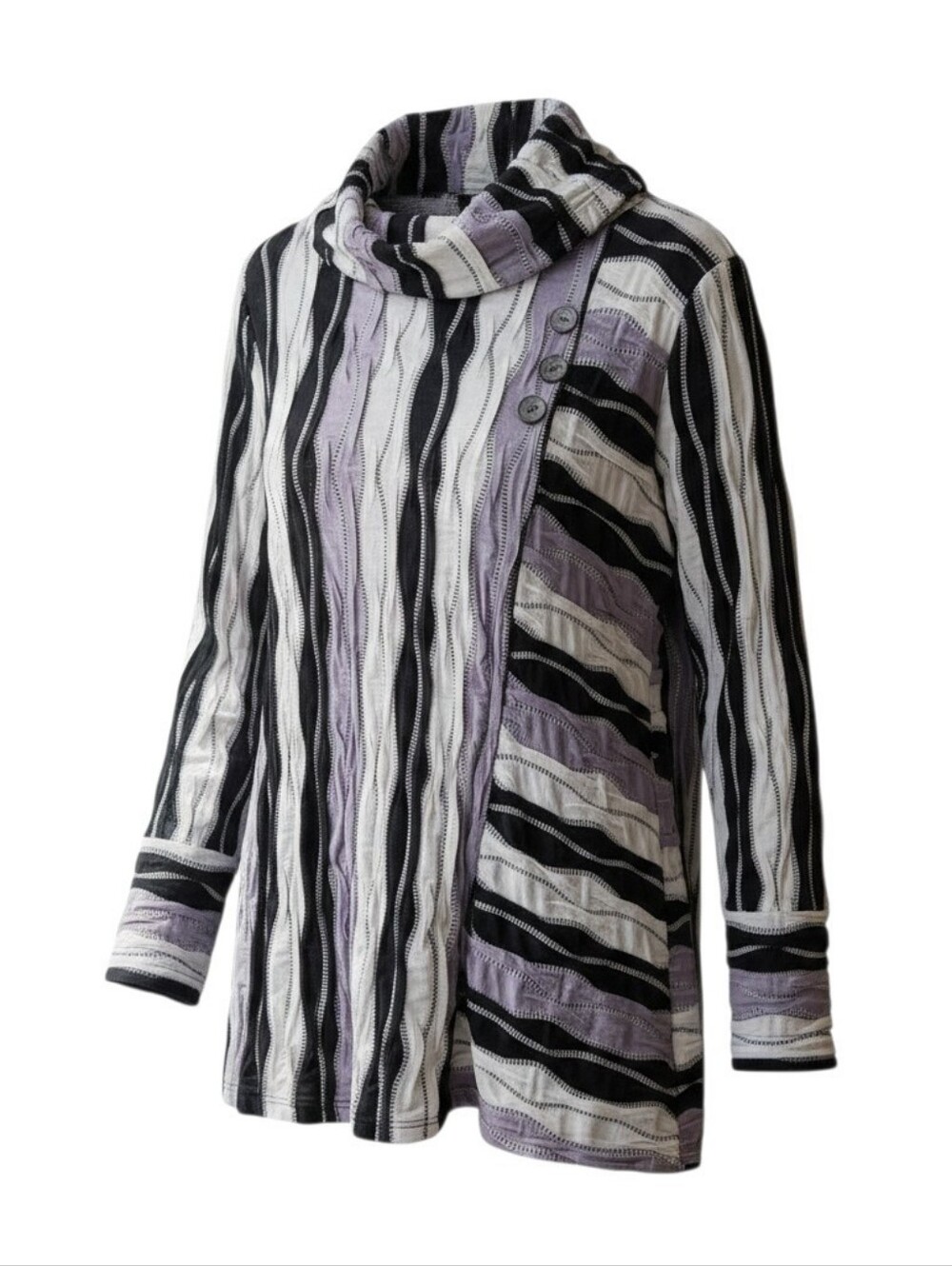 Habitat Black Striped Cowl Neck Knit Top With Asymmetrical Button Detail SZ S